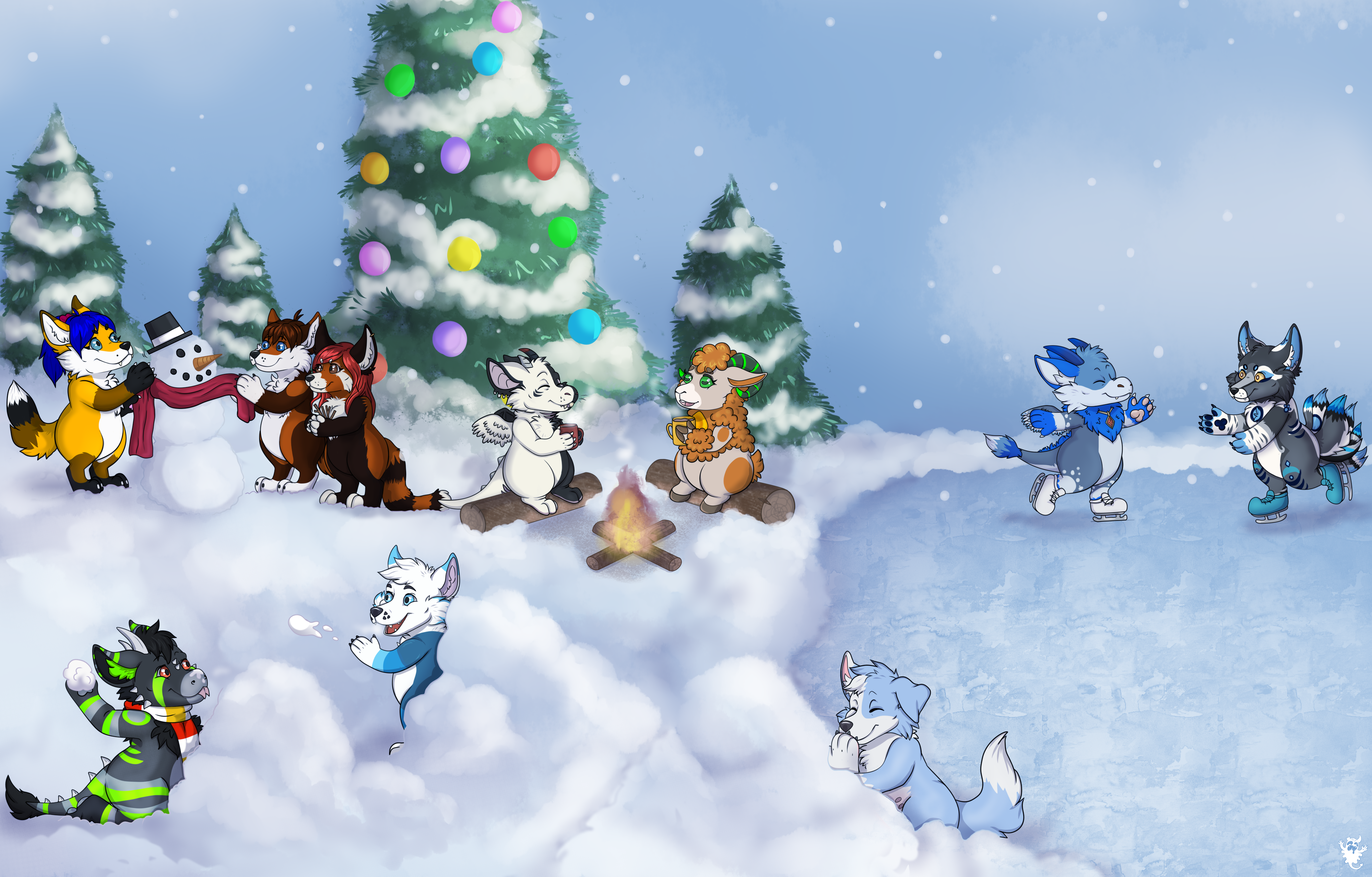 A big winter scene with a campfire, frozen lake, christmas trees, and a snowball fight.