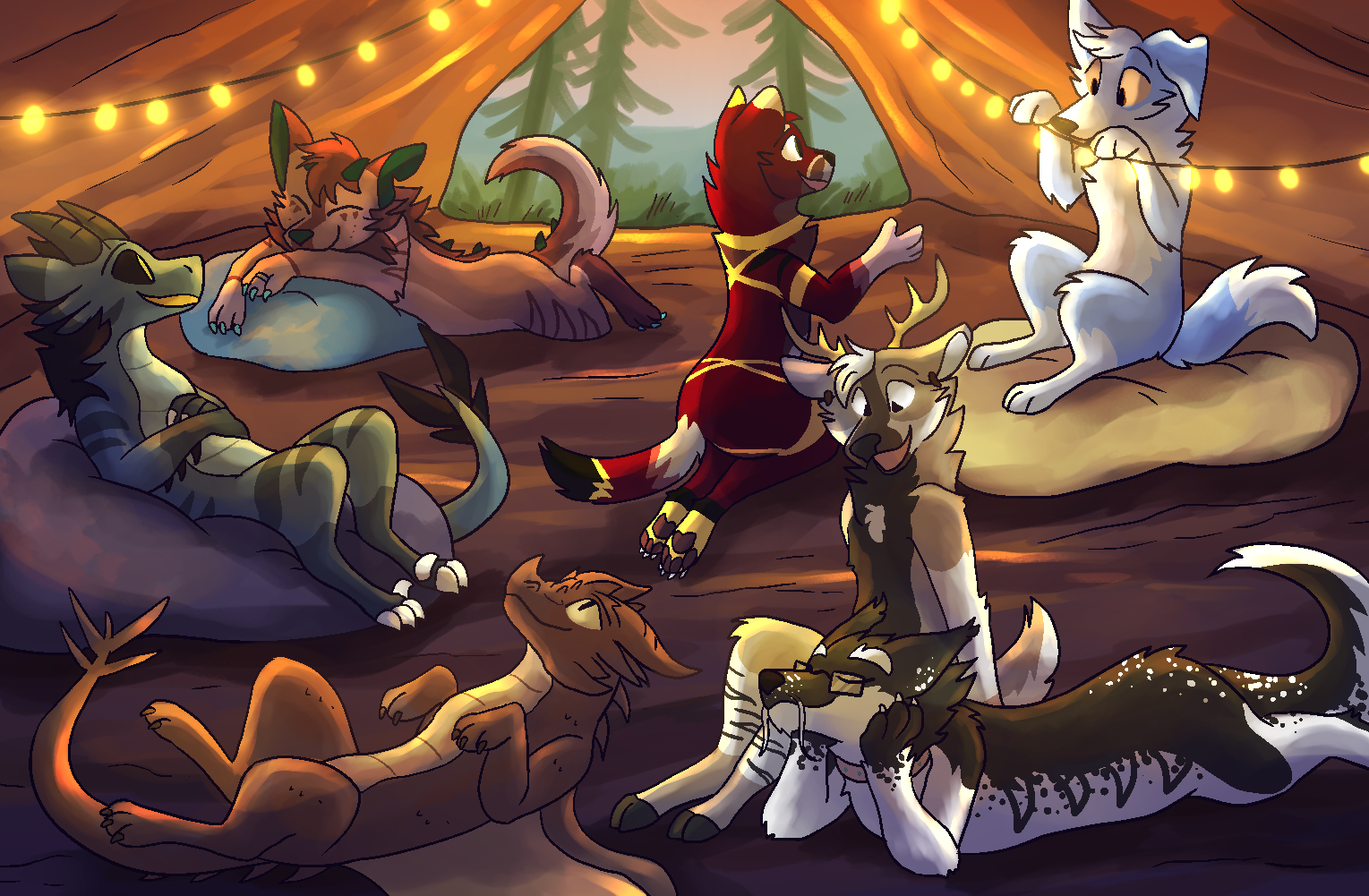 Various characters sat in a tent, a forest visible in the background.