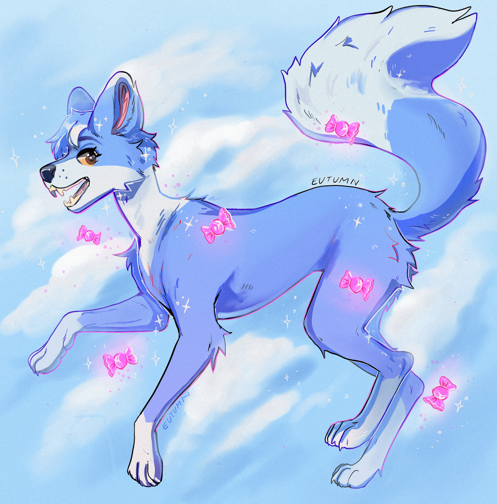 Shifty in a feral form, pink candy sprinkled around them