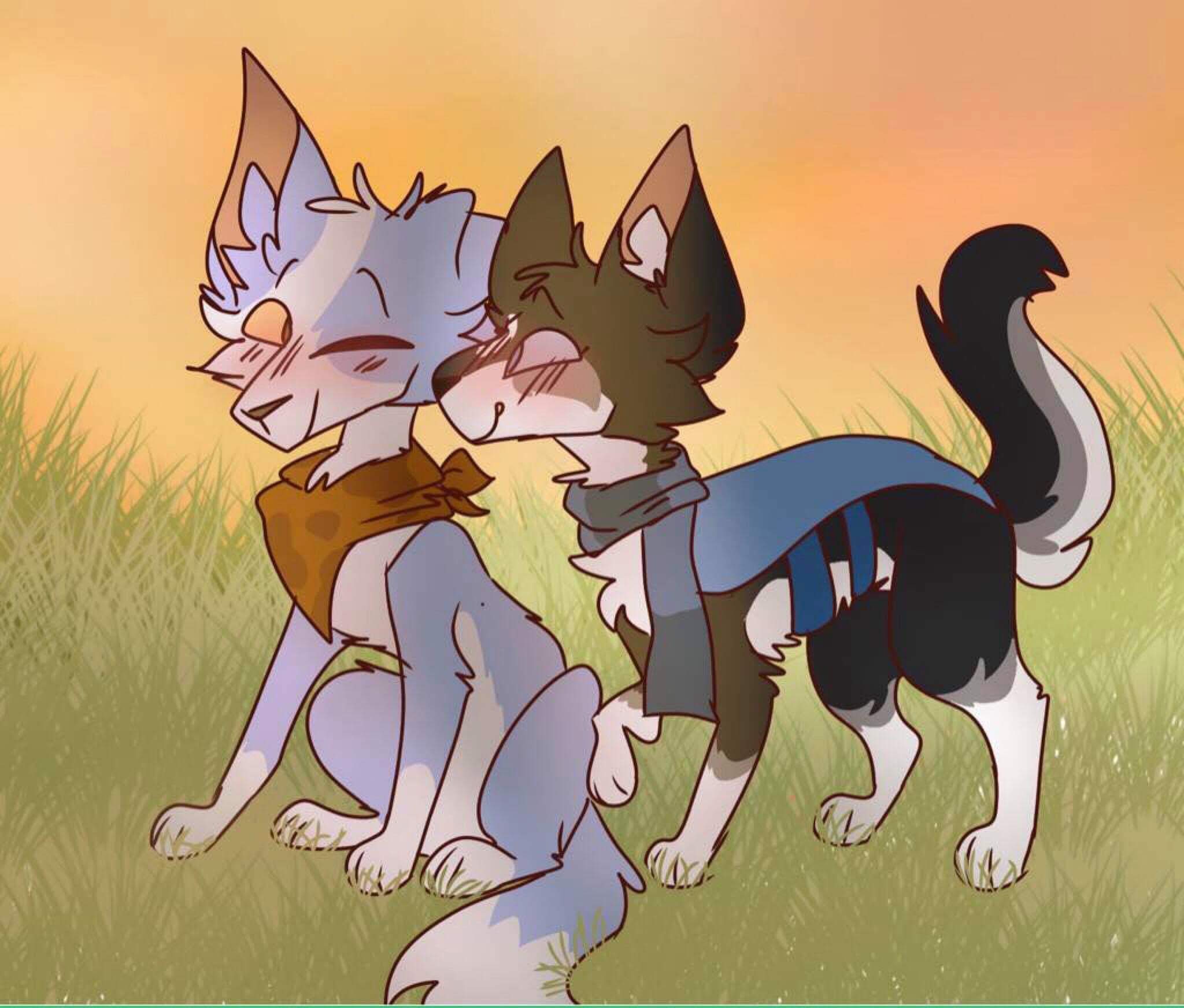 Shifty and another character nuzzling cheeks in a field at sunset.