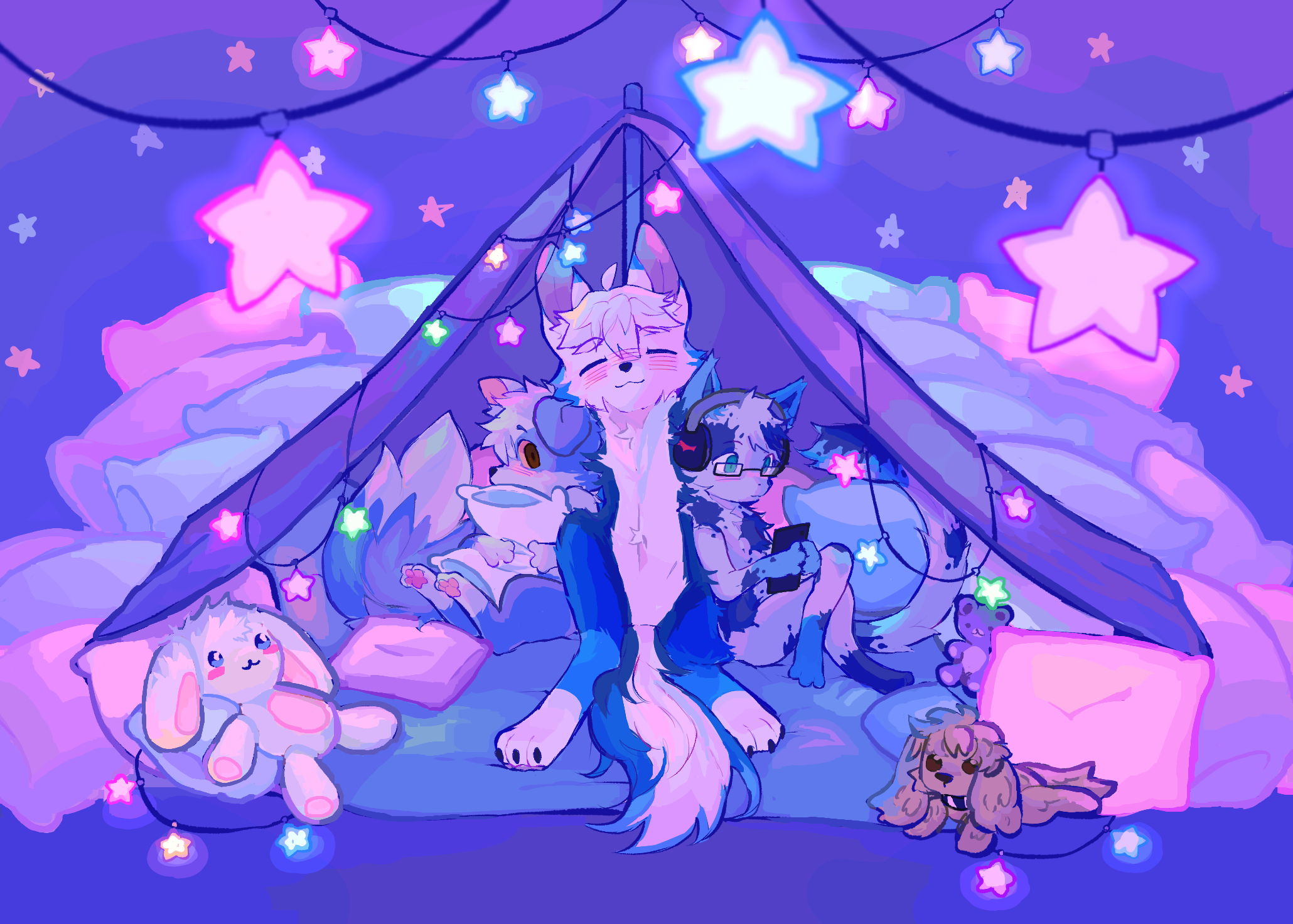 Three characters in an indoor blanket tent with pillows and plushies.