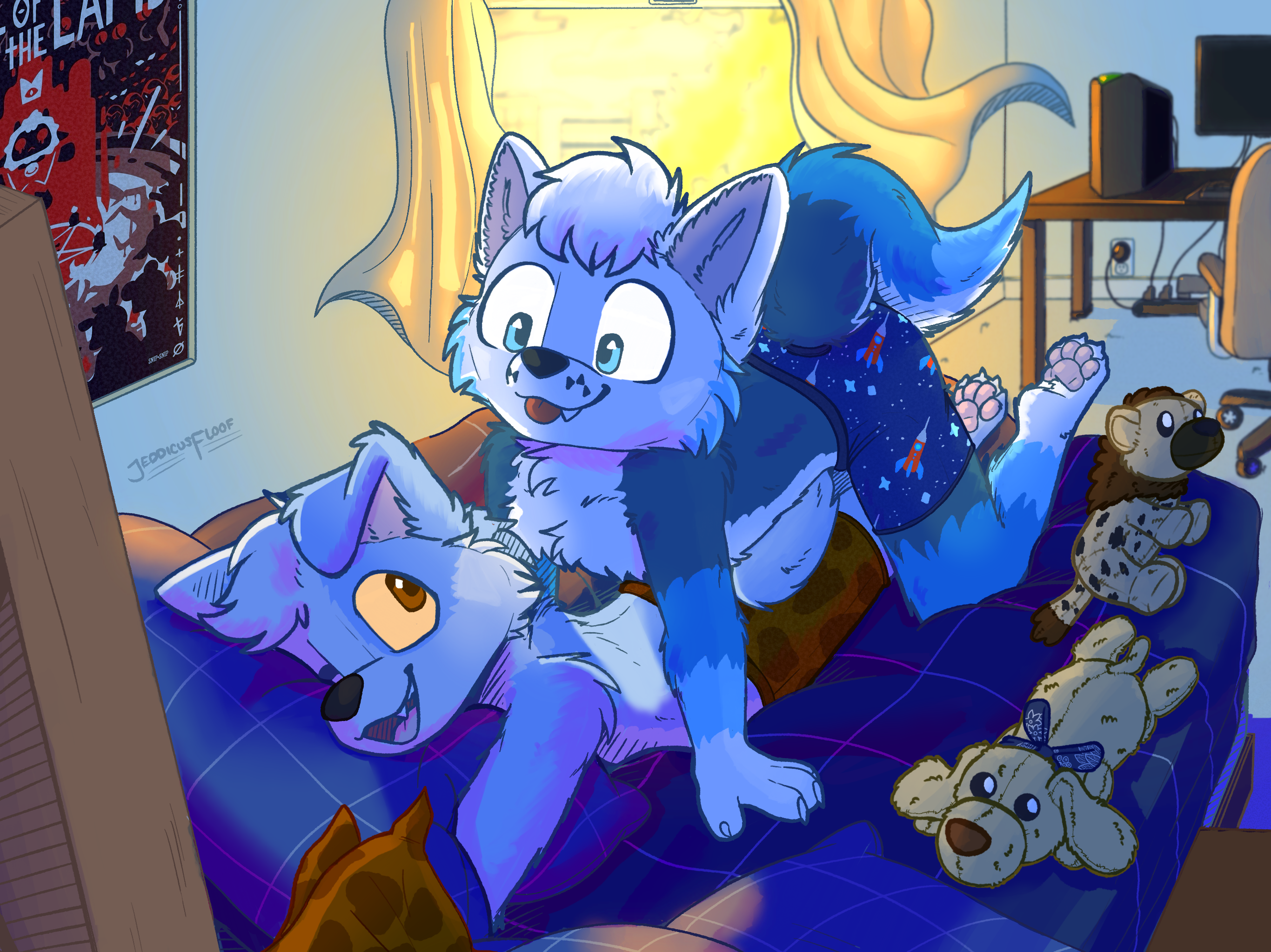 Shifty and another character cuddling in bed.