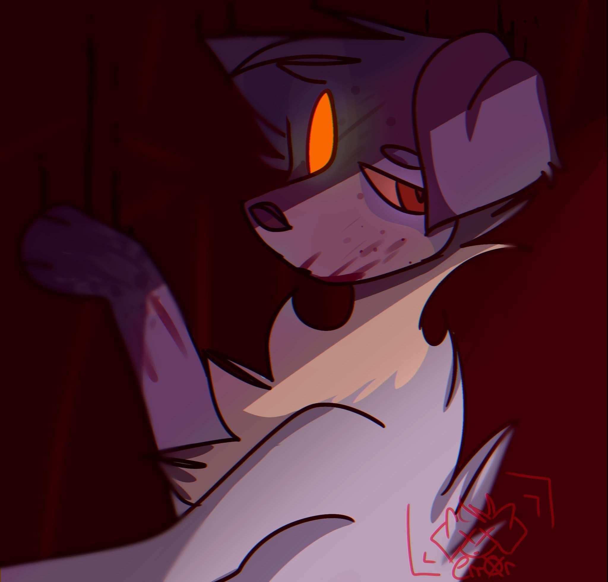 A stylized bloody drawing of Shifty with red accents.