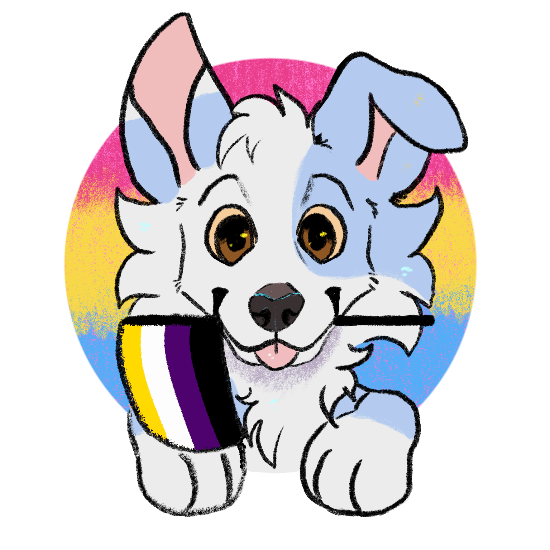 Shifty holding a non-binary flag in their mouth, with a pansexual flag behind them.