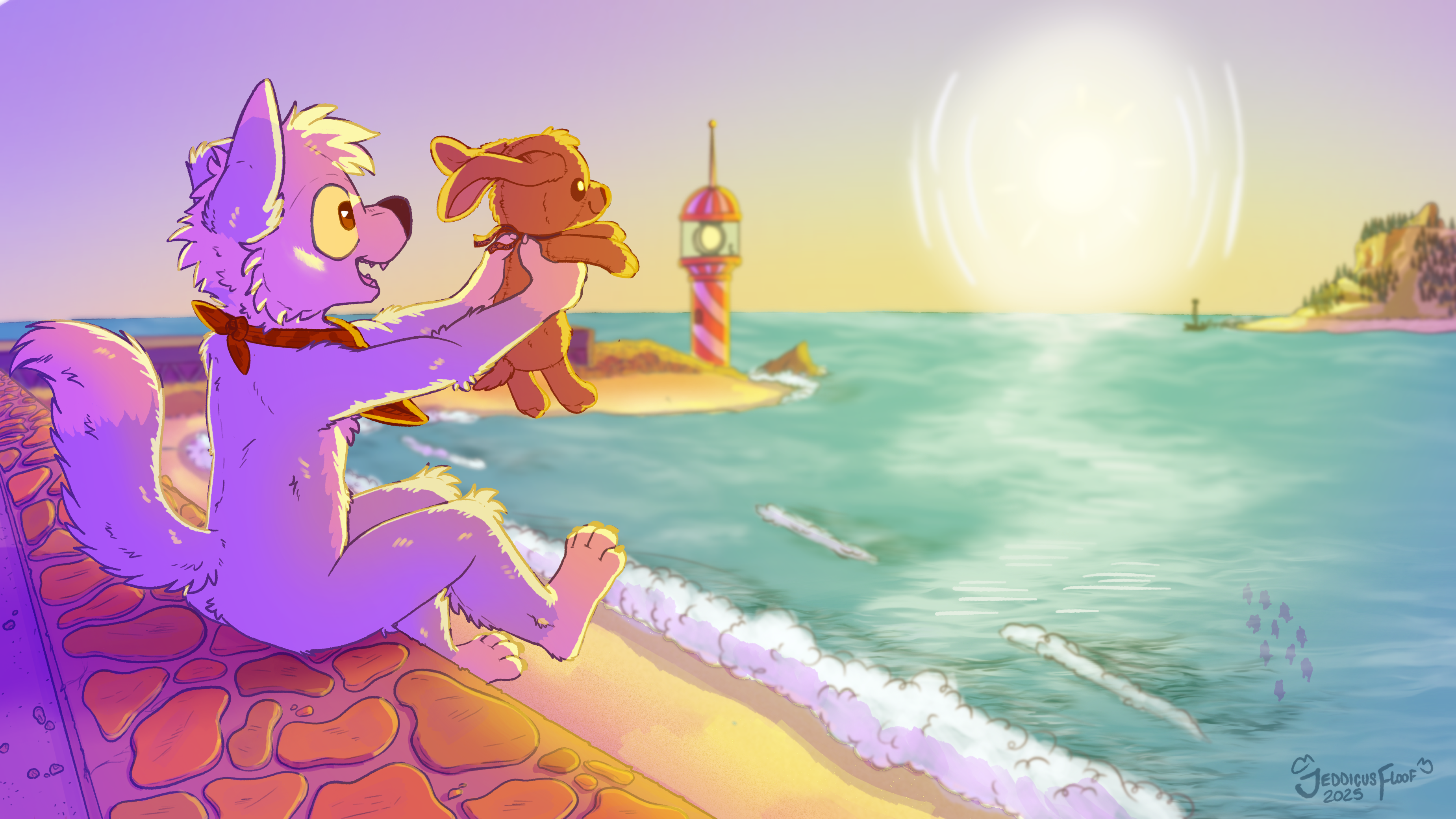 Shifty holding up a stuffed animal at the beach.